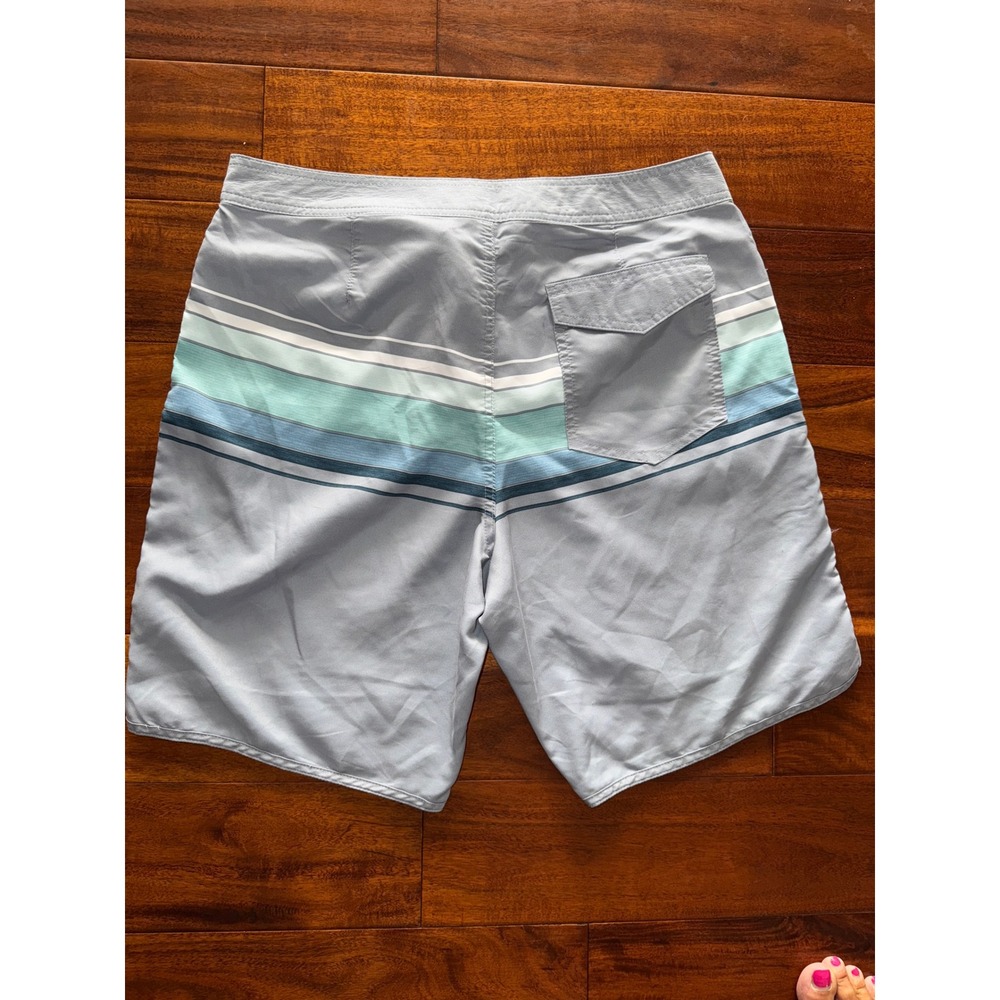 VTG Hang Ten Men Gray Blue Teal Stripe Board‎ Shorts Swim Trunks Size 33
